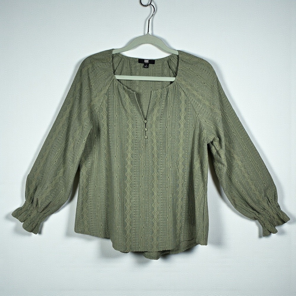 FRYE Peasant Blouse Top Women Small Green Diamond Pattern Long‎ Sleeve Boho